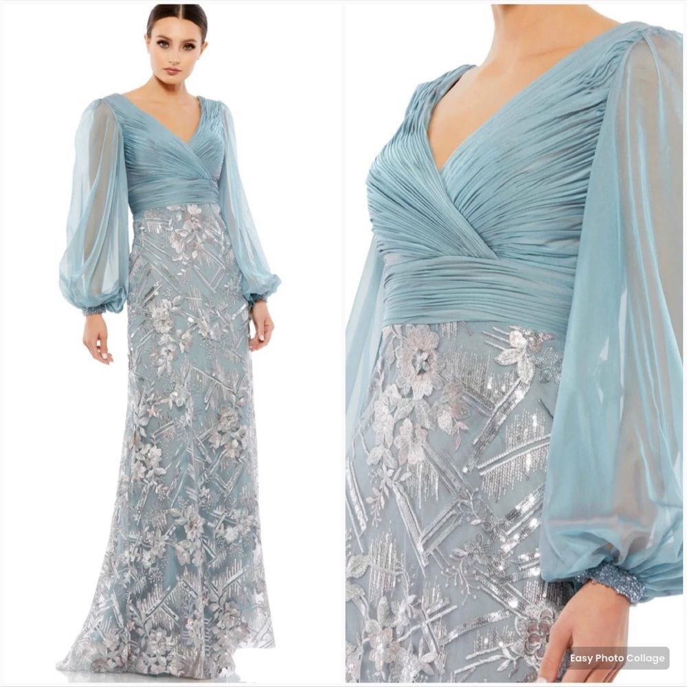 NWT Mac Duggal Blue ILLUSION PUFF SLEEVE PLEATED BODICE EMBELLISHED GOWN Size 4